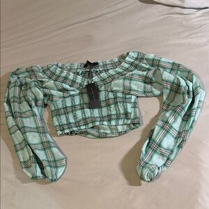 Elegant Green Plaid Off-Shoulder Blouse